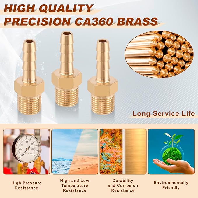 5pcs Brass Hose Barb Fittings 3/16 Inch Barb to 1/8 Inch NPT Male Thread Air Hose Fittings Adapter Connector Water Fuel Air Line Fittings 3/16” × 1/8” NPT Brass Fittings