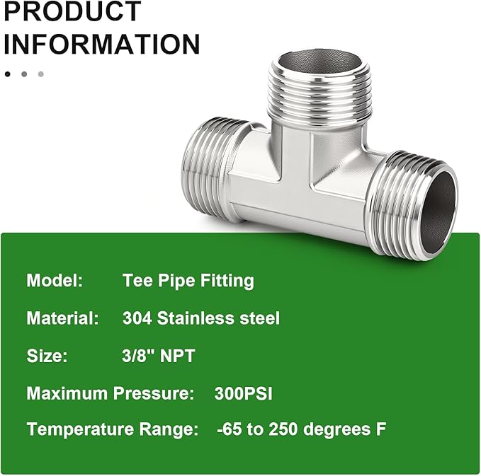 TAISHER 5PCS 304 Stainless Steel Tee Pipe Fittings, 3/8" x 3/8" x 3/8" NPT Male Pipe Fittings