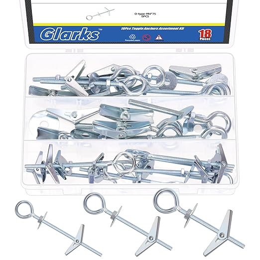 Glarks 18pcs M4 M5 M6 O-Shaped Eye Bolt Toggle Anchors Set for Drywall, Toggle Bolts, Butterfly Anchors, Spring Toggle Wing Bolts for Ceiling, Sheetrock, Hollow Wall