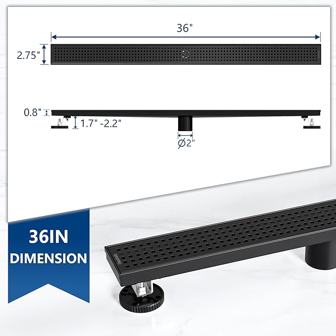 Neodrain 36-Inch Black Linear Shower Drain with Removable Quadrato Pattern Grate,304 Stainless Steel Rectangle Shower Floor Drain, Linear Drain with Leveling Feet,Hair Strainer,Matte Black