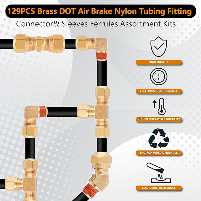 129Pcs Brass DOT Air Brake Line Fittings Assortment,1/4" 1/8" 3/8" 1/2" Quick Connect Hose Fittings DOT Compression Air Nylon Tubing Fittings Assortment Repair Kit for Truck or Industrial Air System