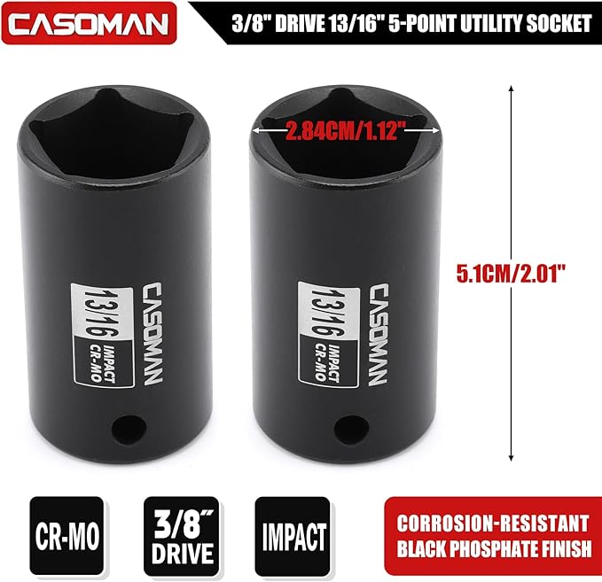 CASOMAN 2PCS 3/8" Drive 13/16" 5-Point Impact Grade Utility Socket, CR-MO, Removes and Installs Penta Nuts and Bolts