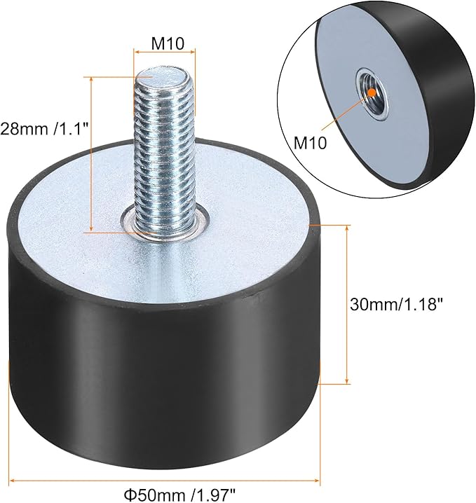uxcell 4pcs M10x28mm Rubber Isolator Mounts with Studs 50x30mm Male Female Vibration Shock Absorber Zinc Plated Cylindrical Thread Mounts Anti Vibration Isolators with 4pcs M10 Lock Nuts