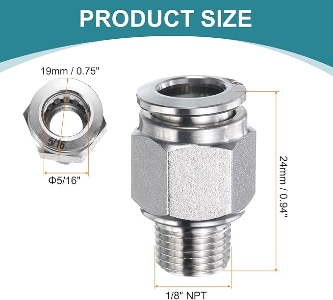 HARFINGTON Push to Connect Fittings 5/16" Tube OD x 1/8" NPT Thread Male Straight Union Fittings 304 Stainless Steel Quick Connect Pneumatic Accessories for Trailers Air Brake System