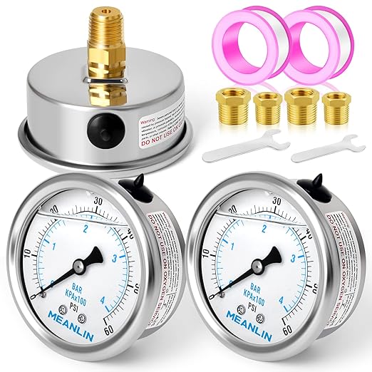 MEANLIN MEASURE 0~60Psi Stainless Steel 1/4" NPT 2.5" FACE DIAL,Liquid Filled Pressure Gauge,Pool Sand Filter Pressure Test Back Mount(Pack of 2) with 1/4" x 1/2" NPT and 1/4" x 3/8" NPT Hex Bushing