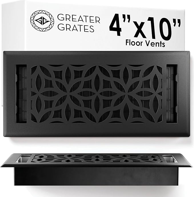 Floor Register 4x10 Vent Cover – Heavy-Duty Steel, Rustproof & Walkable Grates, Easy Drop-in Install, Adjustable Air Supply Switch - Decorative Floral Design, Textured Black