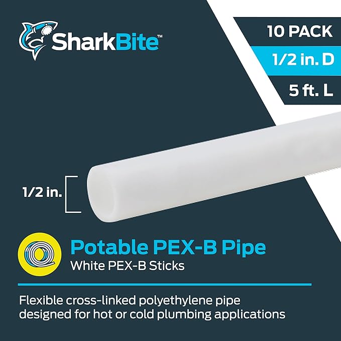 SharkBite 1/2 Inch x 5 Feet White PEX-B, Made in the USA, Pack of 10, Flexible Water Pipe Tubing for Plumbing, U860W5