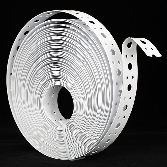 White Metal Strap 1-Inch x 50FT 0.6mm Thickness Galvanized Pipe Hanger Strap Metal Strapping with Holes Plumbers Strap for Pipe Supports Hanging