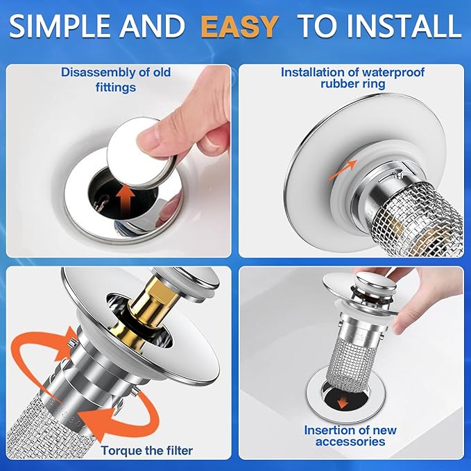 Sink Stopper Hair Catcher,(2PCS) Pop-up Sink Drain Strainer with Removable Stainless Steel Strainer Basket Hair Catcher, Bathroom Sink Strainer for Bathroom Sink Stopper Replacement