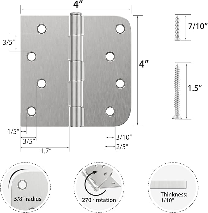 HOSOM 18 Pack Brushed Nickel Exterior Door Hinges 4 Inch 5/8" Radius Removable Pin Perfect for Heavy-Duty Front & Back Door, Antirust & No Squeaks
