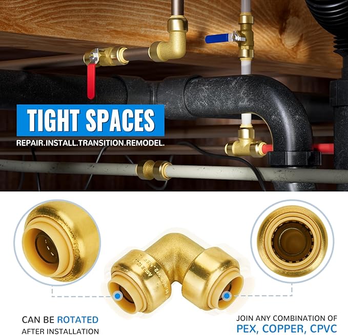 SUNGATOR 1/2 Inch 90 Degree Elbow, Push Pex Elbow 1/2 Inch, No Lead Brass Push-to-Connect Plumbing Fittings for PEX Pipe, Copper, CPVC, with 1 Disconnect Clip, Pack of 2