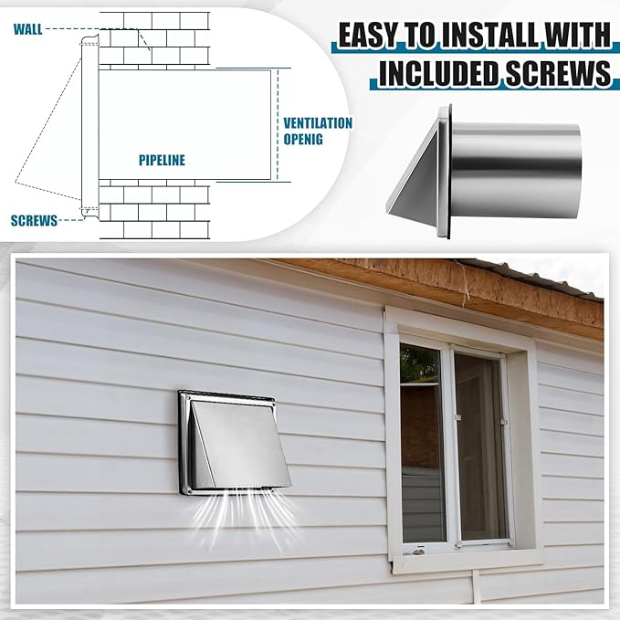 Gisafai 6" Outside Dryer Vent Cover for Exterior Walls Exhaust Vent Cap with Removable Extension Pipe Stainless Steel Hood Cushioned Non Return Flap with Sealing Gasket Grille Screen
