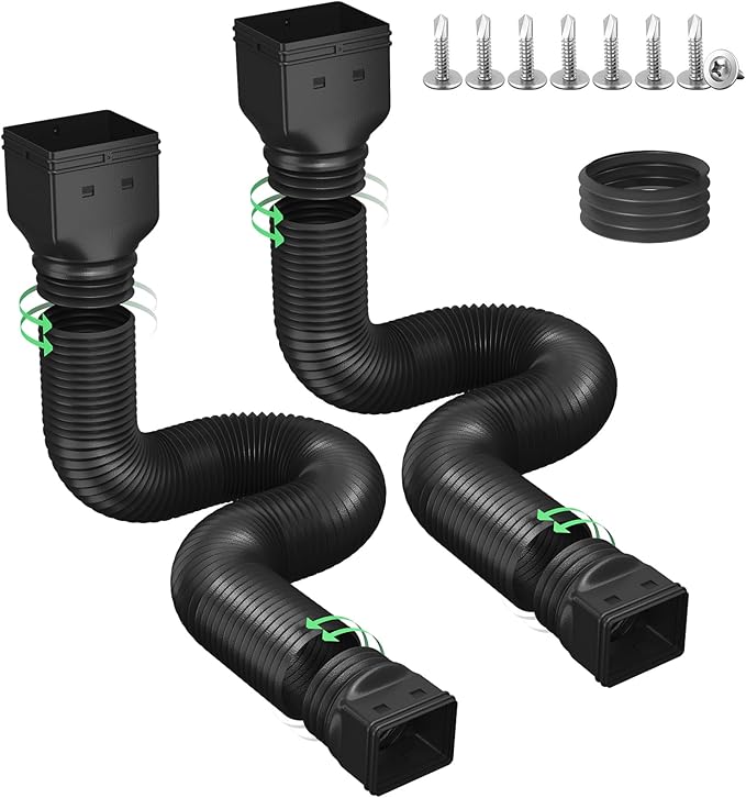 Rain Gutter Downspout Extensions, Downspout Extender for Rainwater Drainage Flexible, Extendable 58"+66" Down Spout Drain Extension Pipes (2 Pack, Black)