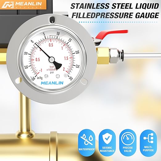 MEANLIN MEASURE -30inHG~30Psi Liquid Filled Pressure Gauge Front Flange Panel Mount, 1/4" NPT 2.5" FACE DIAL Stainless Steel Case with Phillips Screw and Nut, +/-3-2-3%