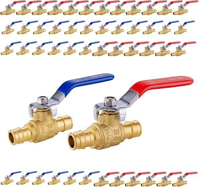 50-Pack Foskan 1/2" Brass PEX-A Full Port Ball Valve, Quarter Turn Shut-off Valve for PEX-A Tubing(Blue and Red)