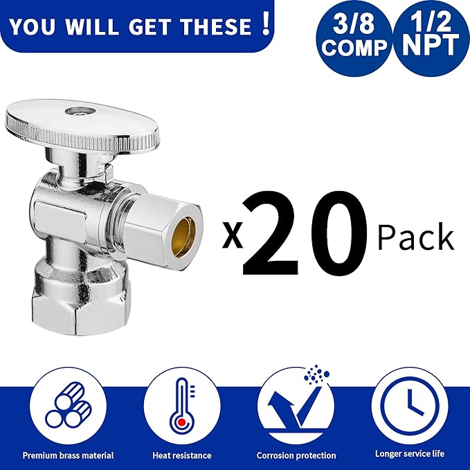 (20 Pack) Lidertik 1/2 inch NPT Thread Angle Stop Valve 1/2 inch x 3/8 inch Compression for Water Toilet Bathroom Sink Brass Plated Chrome 1/4 Turn Valve LI-JF1-NPT-A(20 PCS)