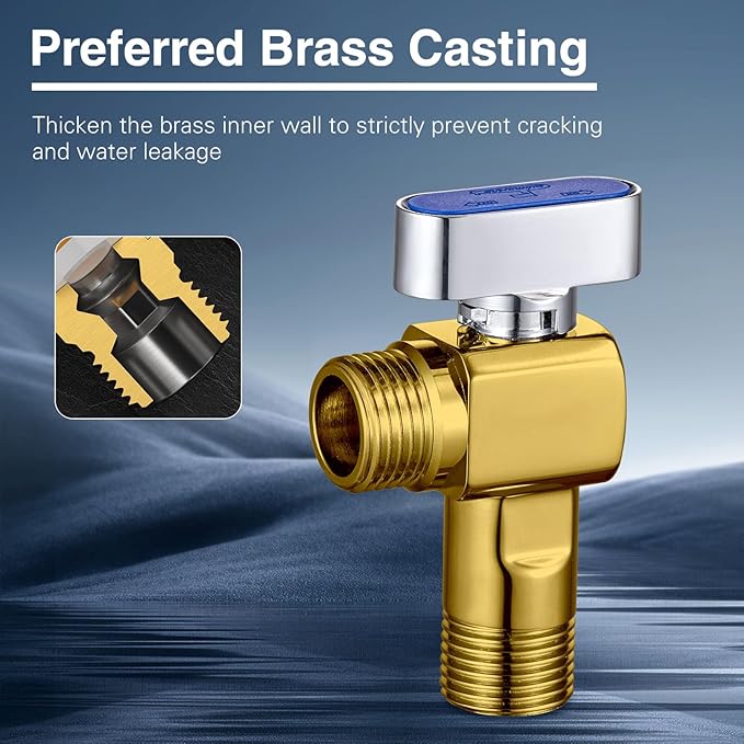 4-Pack SUBMARINE 1/4 Turn Brass Angle Stop Valve Body & Core Control hot and cold water without leakage, 1/2'' Inlet and 1/2'' Outlet Caliber with 3/8'' Adapter for Kitchen and Bathroom