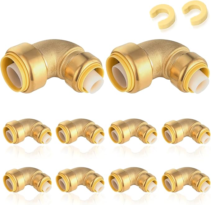10-Pack HeSun Pushfit 90 Degree Elbow, 1"x3/4" Push to Connect Plumbing Fittings with Disconnect Clips, Brass Push-fit Fittings for PEX, Copper, CPVC, PE-RT Pipes(PF146-10)