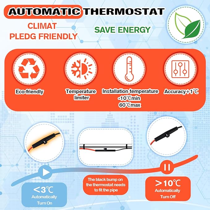6 ft Heat Tape for Water Pipes, Self Regulating Heating Cable with Built-in Thermostat, Freeze-Protected Water Heating Trace Cable for Metal & Plastic Pipes, 120v, 8w/ft