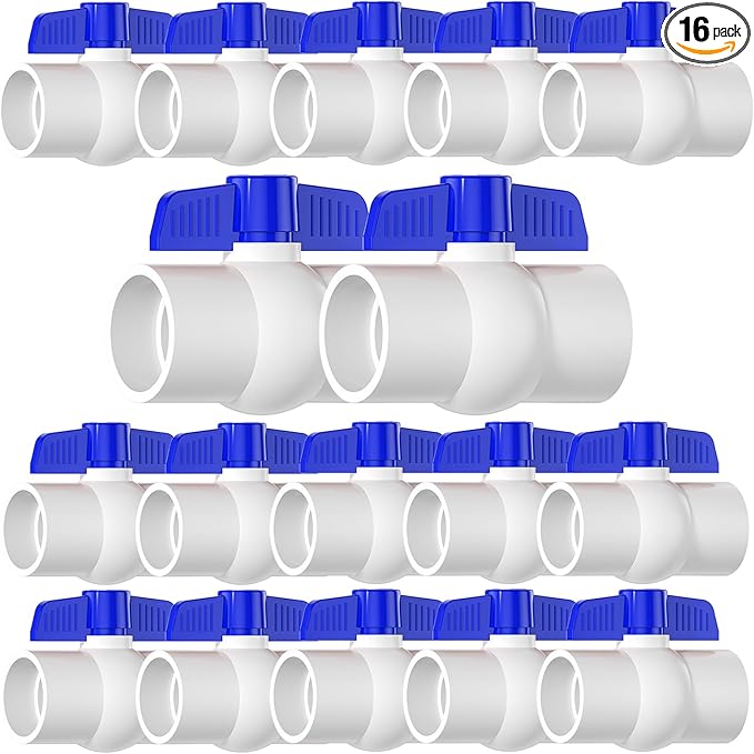 16PCS 3/4" PVC Ball Valve, SCH40 Slip PVC Water Pipe Valve with Easy Turn Blue T-Handle, Shut-Off Ball Valve Socket for Swimming Pool, Sprinkler Lines, Outdoor Plumbing & Irrigation System