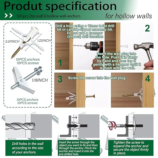 501PCS Drywall&Hollow&Concrete Wall Anchors Toggle Bolts and Wing Nut with Screws Kit,Self Drilling Expansion Screws (2025 Upgraded),11 Sizes Sheetrock Anchors Screws Kit for Wall Art Decor