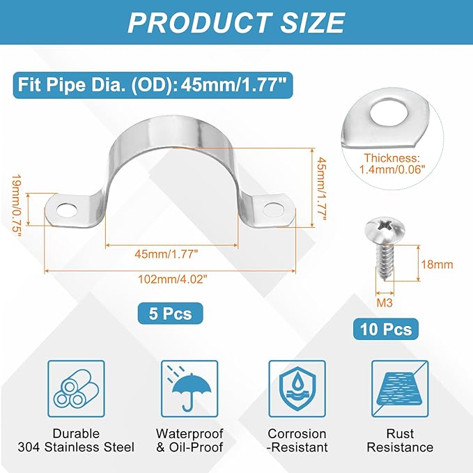 uxcell 5Pcs 45mm(1-3/4") Two Hole Rigid Pipe Strap, 304 Stainless Steel Conduit Clamp Thicken U Bracket Heavy Duty Pipe Clamp with Self-Tapping Screws for Fixing Tube Cable, Silver