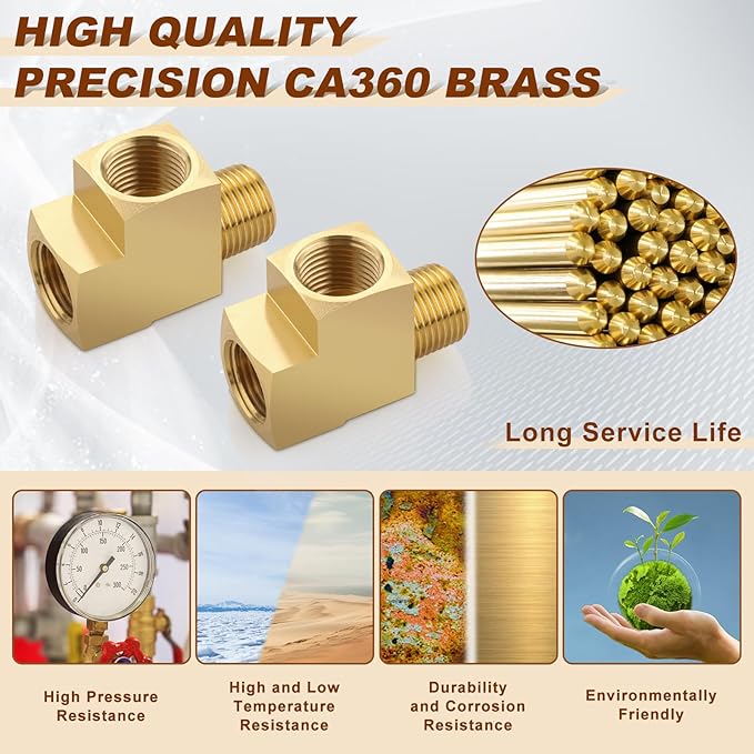 5pcs 3/8" Brass Tee Fittings 3/8" NPT Female Pipe to 3/8" NPT Male to 3/8" NPT Female Brass Barstock Street Tee Pipe Fittings 3 Way for Joining Pipe