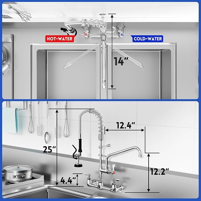 Commercial Sink Faucet,TOLSUNY Commercial Kitchen Faucet Wall Mount with Pre Rinse Sprayer,Wall Mounted Kitchen Sink Faucet for Industrial and Restaurant Sinks. (Modern, 25)