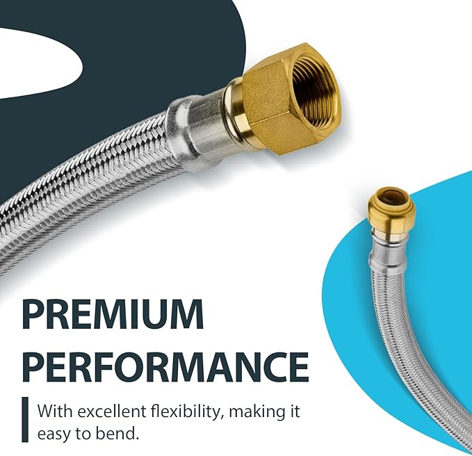 (50 Pack) Seelink 12-Inch Stainless Steel Flexible Water Heater Hose, 1/2" Push-Fit x 3/4" FIP, Push-to-Connect for Copper, PEX, and CPVC