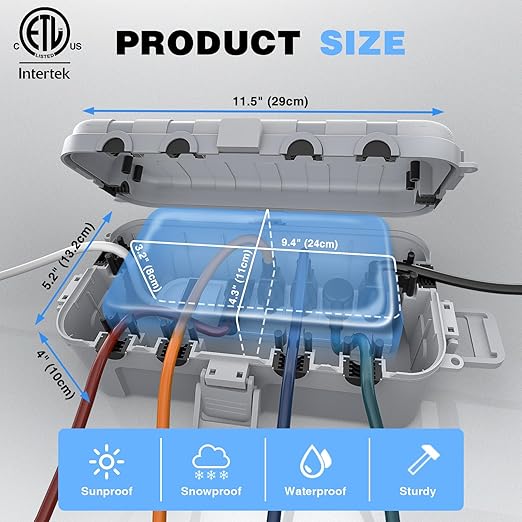 Flemoon Medium Outdoor Electrical Box (11.5x5.2x4 inch), IP54 Waterproof Extension Cord Cover w/6 Cable Entry Ports, Weatherproof Connection Box for Power Strip, Timer, Holiday Lights, Light Grey