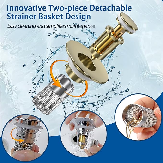 Sink Stopper Hair Catcher, Pop-up Sink Drain Strainer with Removable Stainless Steel Strainer Basket Hair Catcher, Bathroom Sink Strainer for Bathroom Sink Stopper Replacement(Brushed Gold-1PCS)