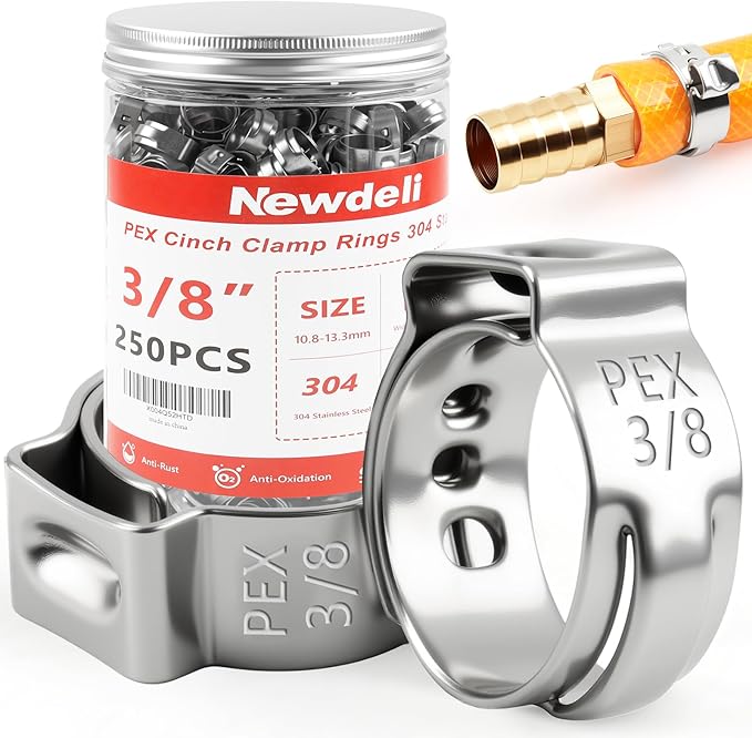 Newdeli 250pcs 3/8 inch Pex Crimp Rings Stainless Steel PEX Clamps Single Ear Hose Clamps Pex Fittings Cinch Pinch Clamp for Pipe Tubing Plumbing