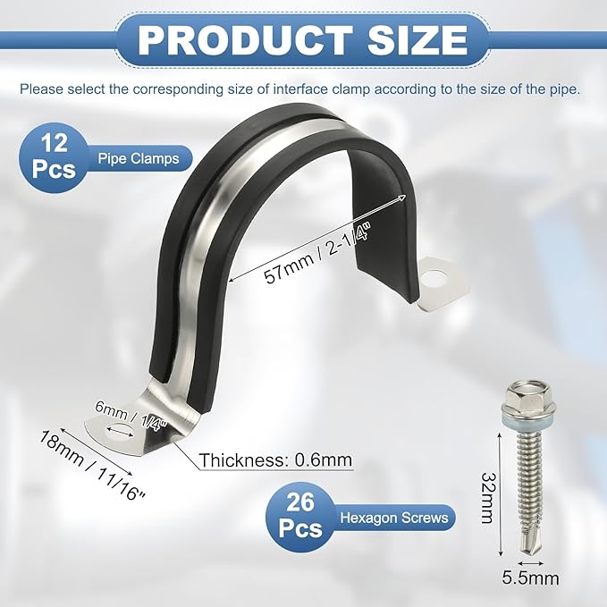 PATIKIL 12Pcs Pipe Clamps, 2-1/4 Inch 304 Stainless Steel Rubber Cushioned U Bracket Conduit Clamps Pipe Strap Wire Clips with Hexagonal Screw for Tube Hose Cord Installation, 57mm
