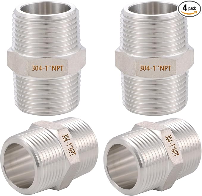 4PCS Hex Nipple 1" x 1" Male Pipe Fittings, 304 Stainless Steel 1 inch NPT Threaded Pipe Adapter Fittings, Male Straight Connector Pipe Fitting