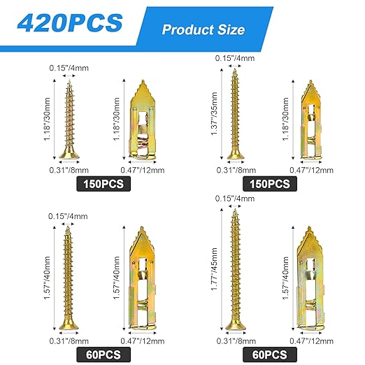 420pcs Self Drilling Drywall Anchors,Wall Anchors for Zinc Plated Steel,4 Sizes Expansion Screws and 2 Sizes forM6 & M8 Wall Anchors,Easy Application No Drill or Holes in Wall,Wall anchors for drywall