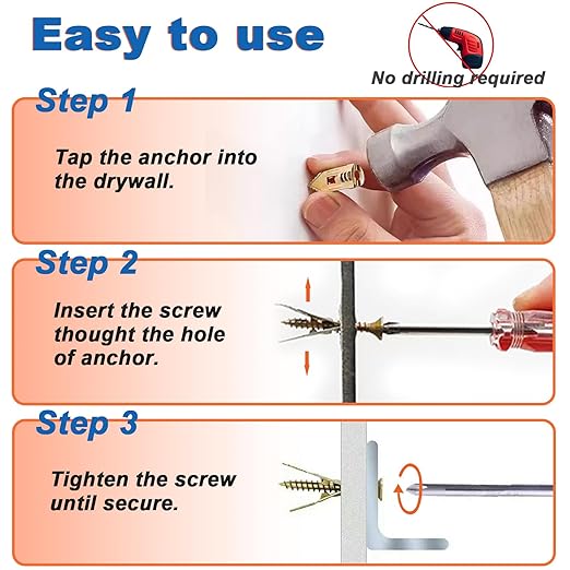 180 PCS Self Drilling Drywall Anchors with Screws Kit, No Drill Needed, 90 Sheetrock Anchors (0.47X1.18inch) and 90 Screws, Heavy-Duty Metal Wall Anchors for Drywall/Decorative Plates/Asbestos Board