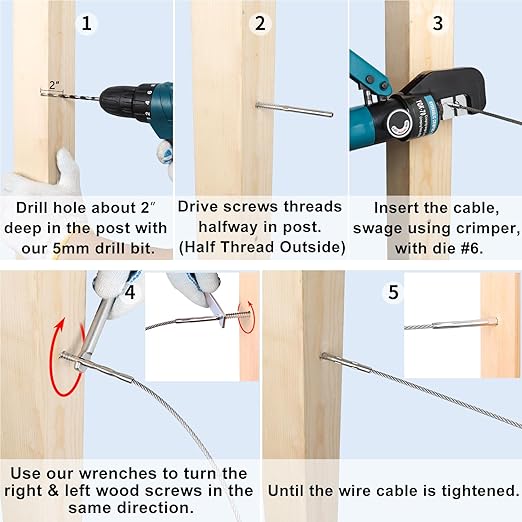 Steel DN Mate 100 Pack T316 Stainless Steel Right&Left Handed Thread Swage Lag Screws for Wood Post of 1/8" Steel Cable Railing Kit, Cable Railing Hardware, DIY Deck Railings, Wrench Include-DM50