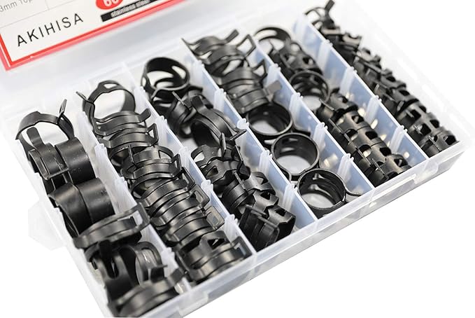 AKIHISA 60 Pcs 28-33mm Spring Hose Clamp, Spring steel 65Mn Fuel Hose Clamp, 6 sizes for Silicone Vacuum Fuel Oil Hose Line Clamps
