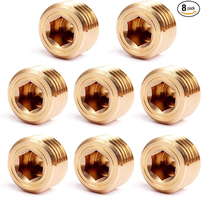 8PCS Brass Pipe Plug Fitting 1/2" NPT Male Plug Hex Counter Sunk Plugs,Internal Hex Thread Socket Pipe Plugs Kit