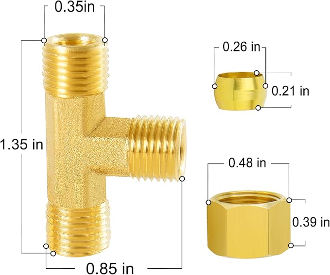 ChillWaves Brass Tee Compression Tube Fitting, 3/16" OD x 3/16" OD Union Connector (5-Pack)