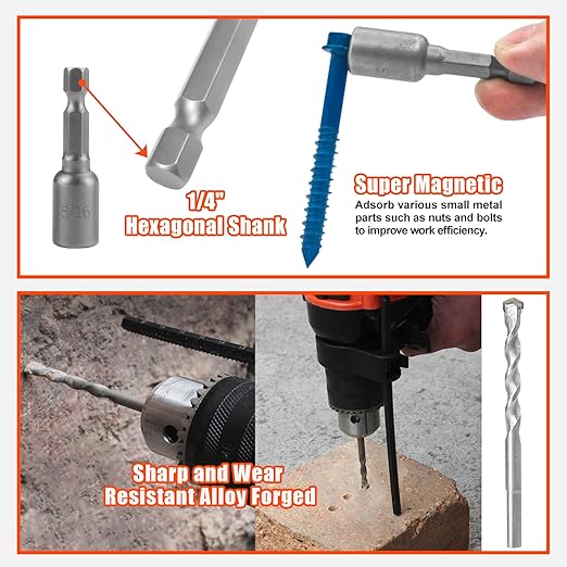 100Pcs 1/4"x3" Concrete Screws with Drill Bit, Hex Head Concrete Cement Screws Anchor Assortment Kit for Masonry, Block Brick or Stucco
