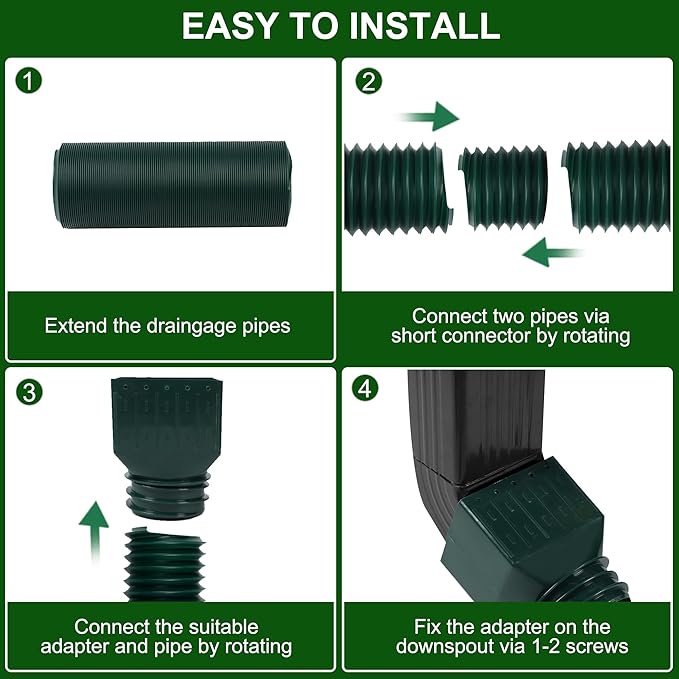 2 Pack Rain Gutter Downspout Extensions, Upgraded Flexible Drain Down Spout Extender for Rain Water Drainage, Each Extendable from 20" to 66", Combine to 10 ft with Connector(Green)