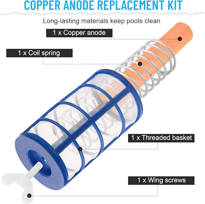 GDW Copper Anode Replacement Kit Solar Pool Replacement Copper Anode - 4.13 x 0.71 Inch Threaded M6,Includes Copper Anode/Threaded Basket/Spring/Wing Screw （4 Pcs