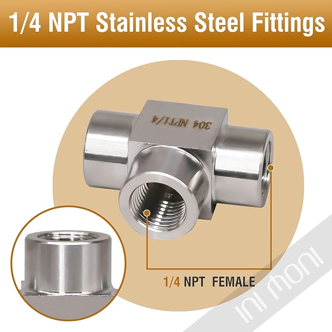 tee pipe fitting stainless steel NPT 1/4 female 3 ways T adapter, water pipe three way tee connector, heavy duty 4350 psi