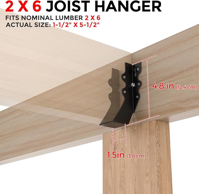 25Pcs Black 2x6 Joist Hangers for Wood,18 Gauge Metal Face Mount Joist Hanger,Lu26 Joist Hangers Powder Coating,Hurricane Ties for Rafter,Rafter Brackets 2x6 for Deck,Floor,Roof Overhang,Ceiling Joist