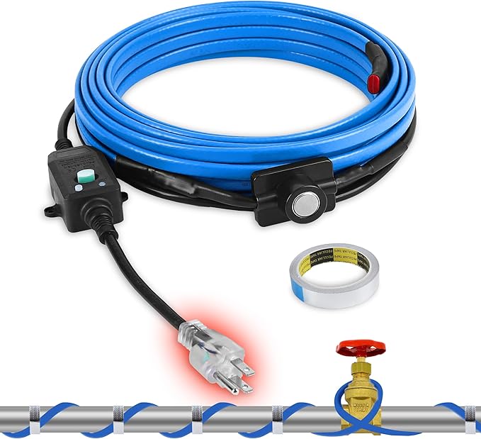 30FT Pipe Heat Cable with Thermostat, Self-Regulating Heating Cable 120V 5W/FT, Freeze Protection for Water Pipes, Roof, Garden, and Outdoor Use, Works Down to -40°F
