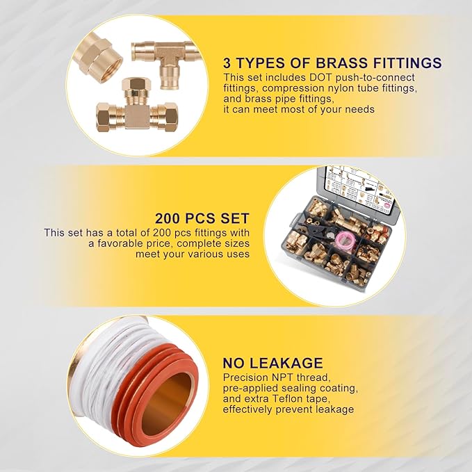 200 Pcs Brass DOT Air Brake Line Fittings & Air Nylon Tube Compression Fittings Assortment Kits,1/4" 1/8" 3/8" 1/2" NPT Push To Connect Fittings Quick Connect Air Hose Fittings