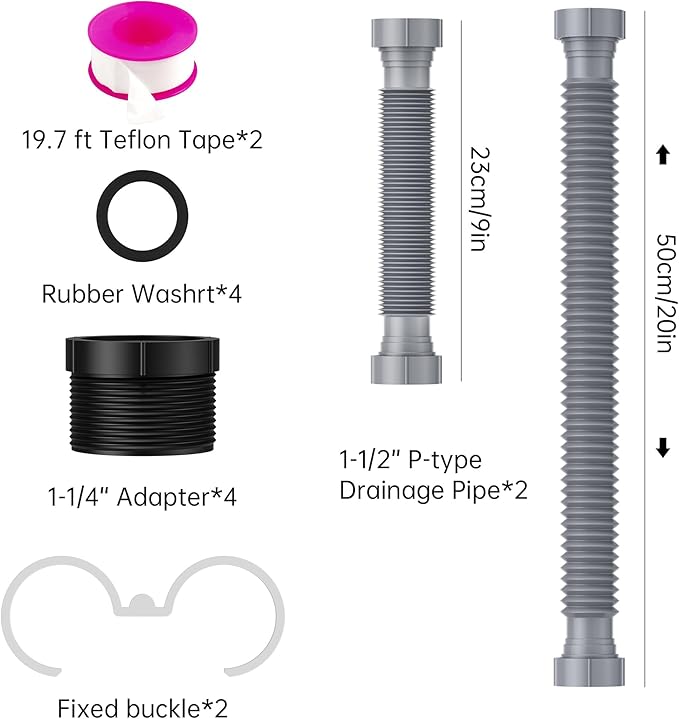 2 Pack Expandable Flexible 1 1/2" or 1 1/4" P-Trap Pipe for Single Kitchen Sink, Drain Pipe Kit With Adapter Seal Ring, for Kitchen Sink Drainage and Garbage Disposal (Gray)
