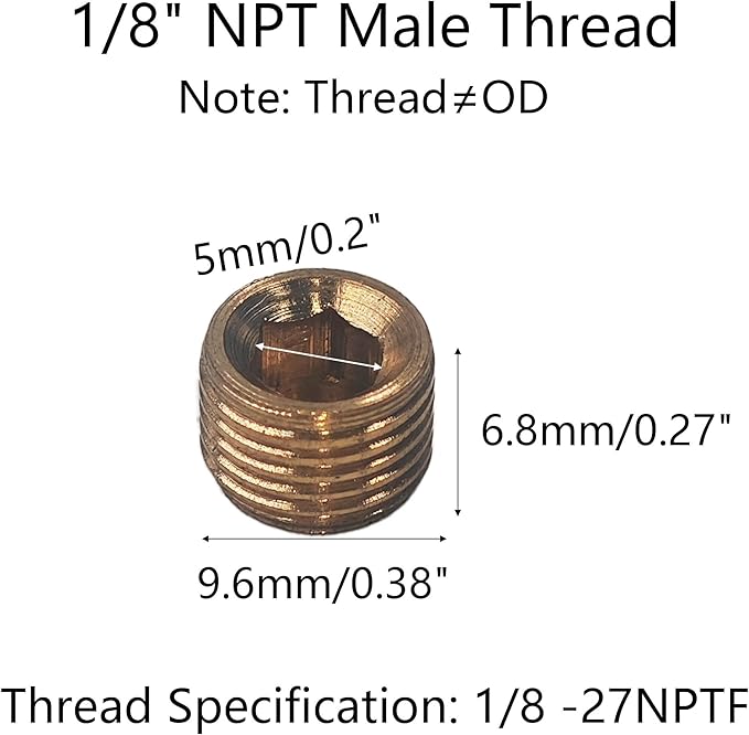 12PCS 1/8" NPT Male Plug Fitting Set, Brass Hex Counter Sunk Plugs, Internal Hex Socket Thread Pipe Plug for Closing the End of Pipe