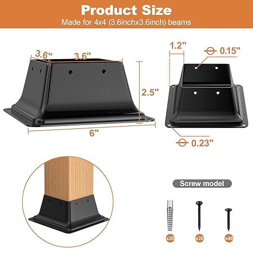 5Pcs 4x4 Post Base , Internal 3.6"x3.6" Heavy Duty Powder-Coated Steel Post Bracket Fit for Standard Wood Post Anchor, Decking Post Base for Deck Porch Handrail Railing Support with Screws